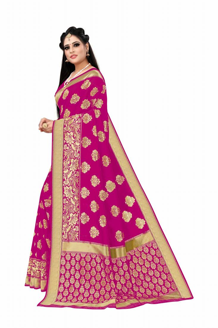 Pink woven art silk saree with blouse