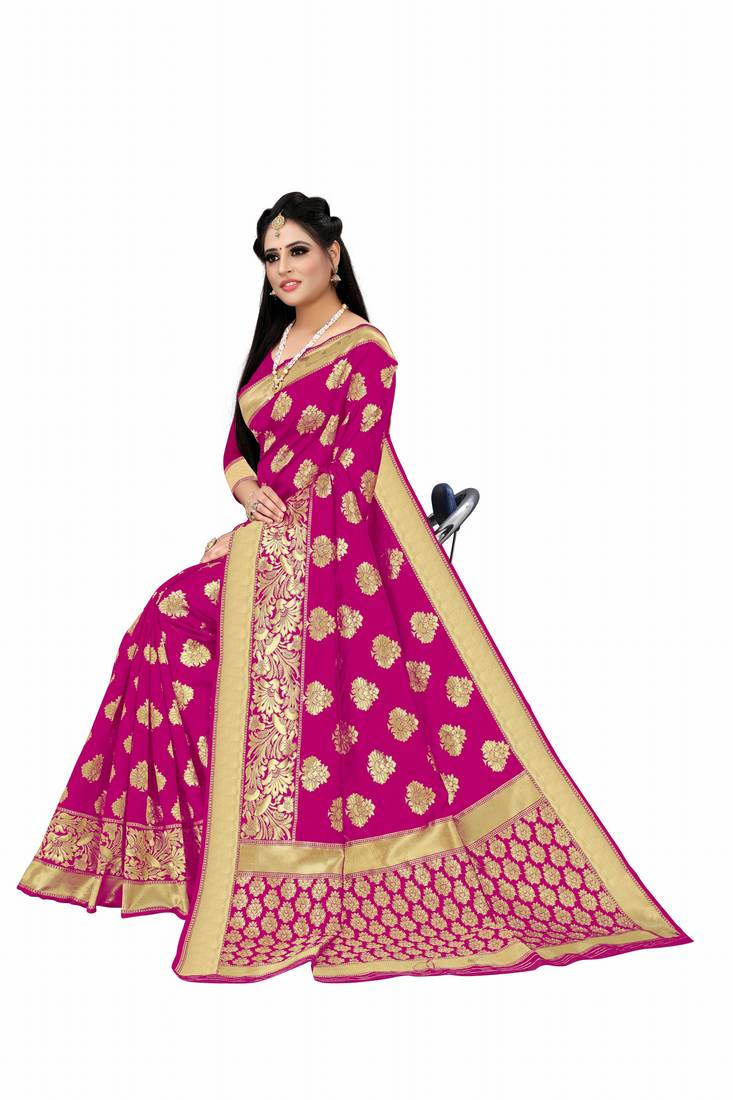 Pink woven art silk saree with blouse