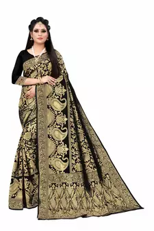 Black woven art silk saree with blouse