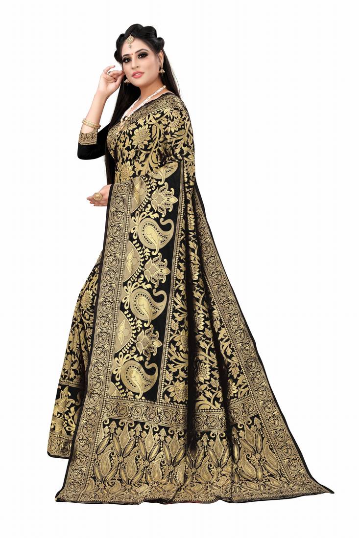 Black woven art silk saree with blouse