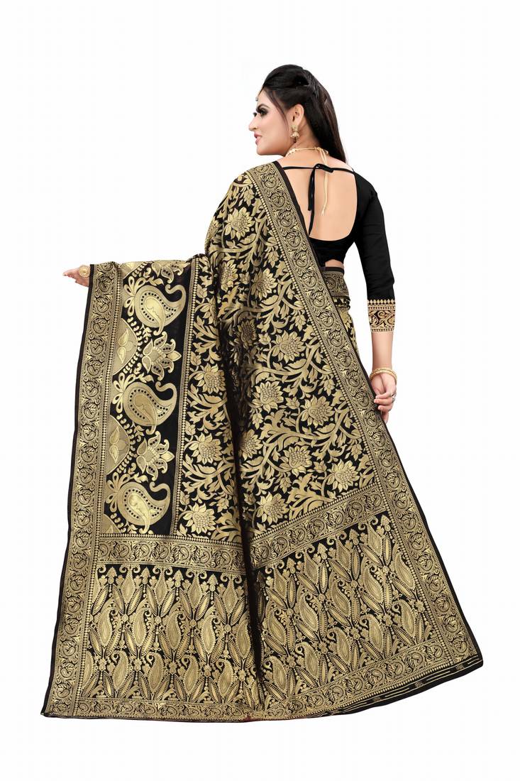 Black woven art silk saree with blouse
