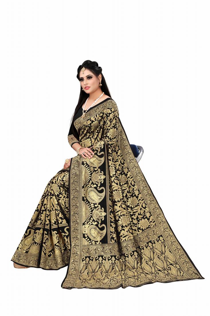 Black woven art silk saree with blouse