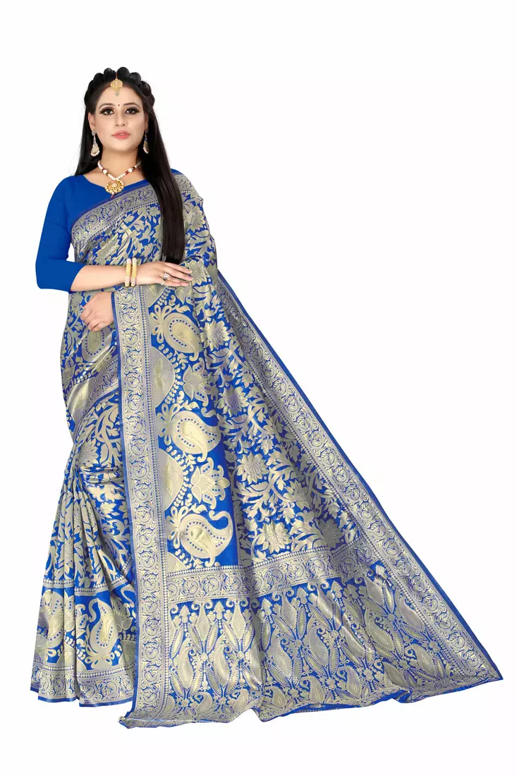 Blue woven art silk saree with blouse