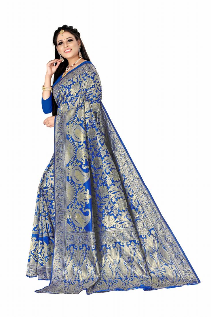 Blue woven art silk saree with blouse