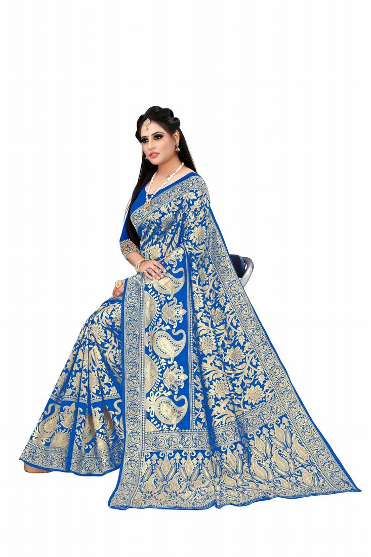 Blue woven art silk saree with blouse