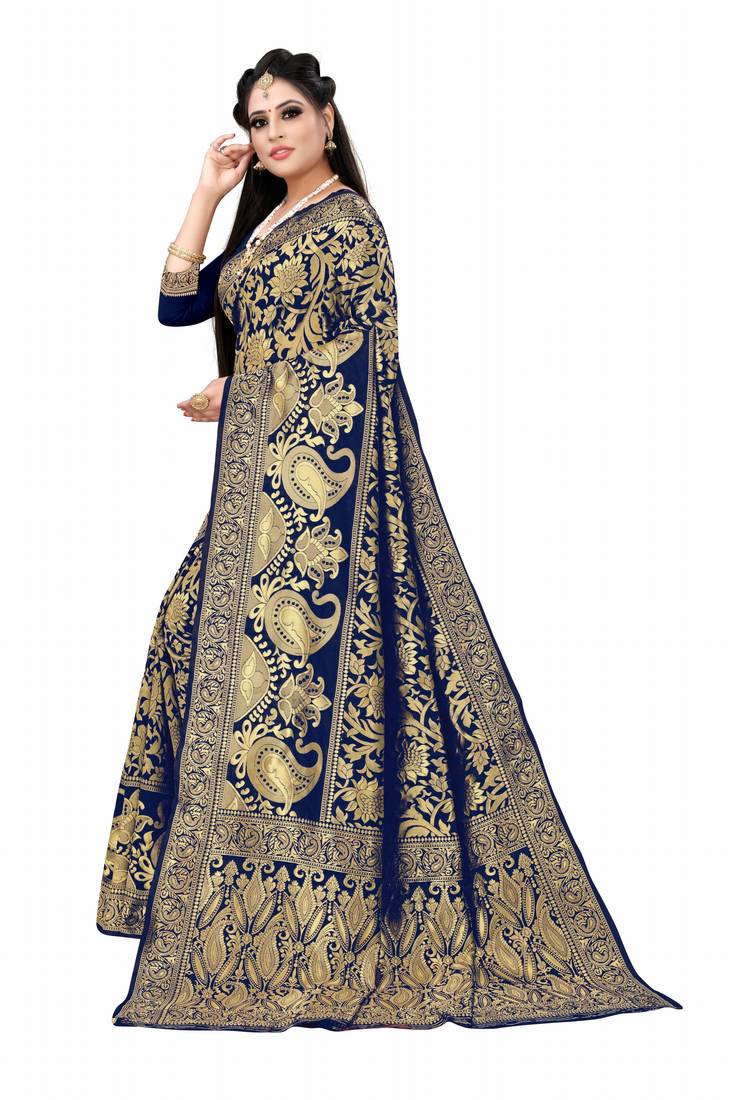 blue woven art silk saree with blouse