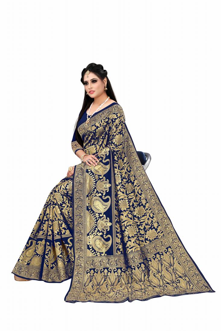 blue woven art silk saree with blouse