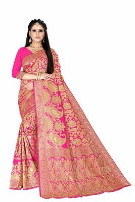 Pink woven art silk saree with blouse 1