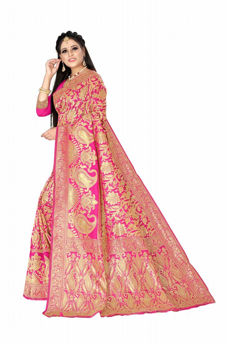 Pink woven art silk saree with blouse