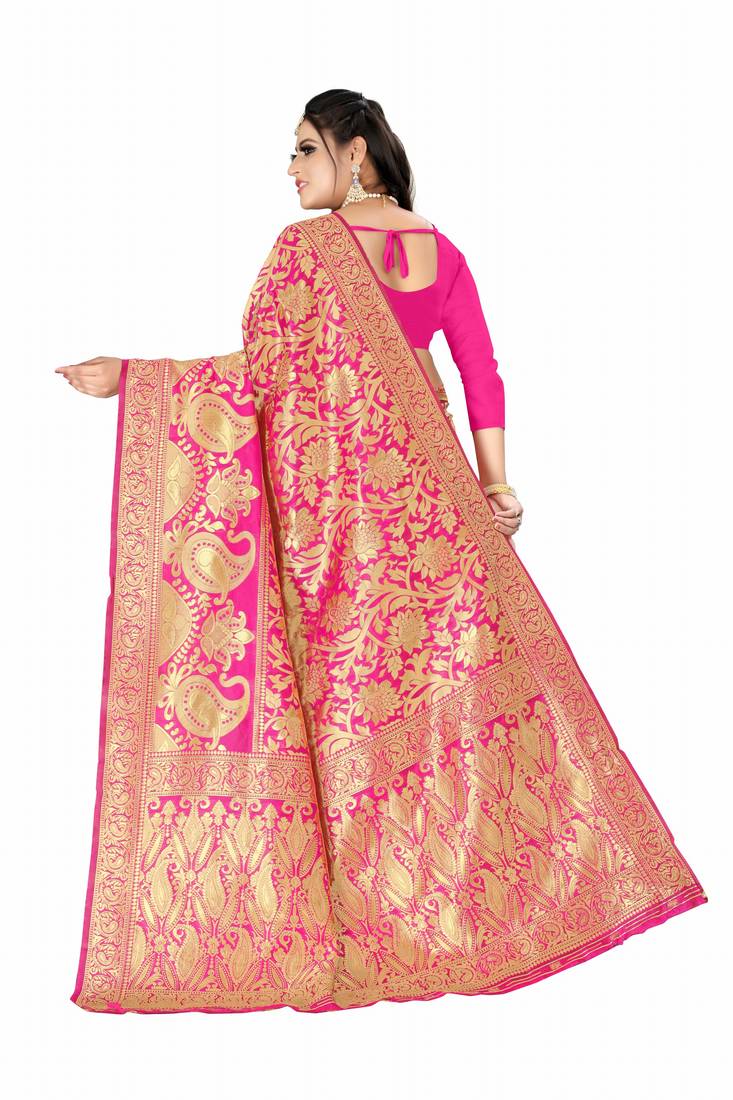 Pink woven art silk saree with blouse