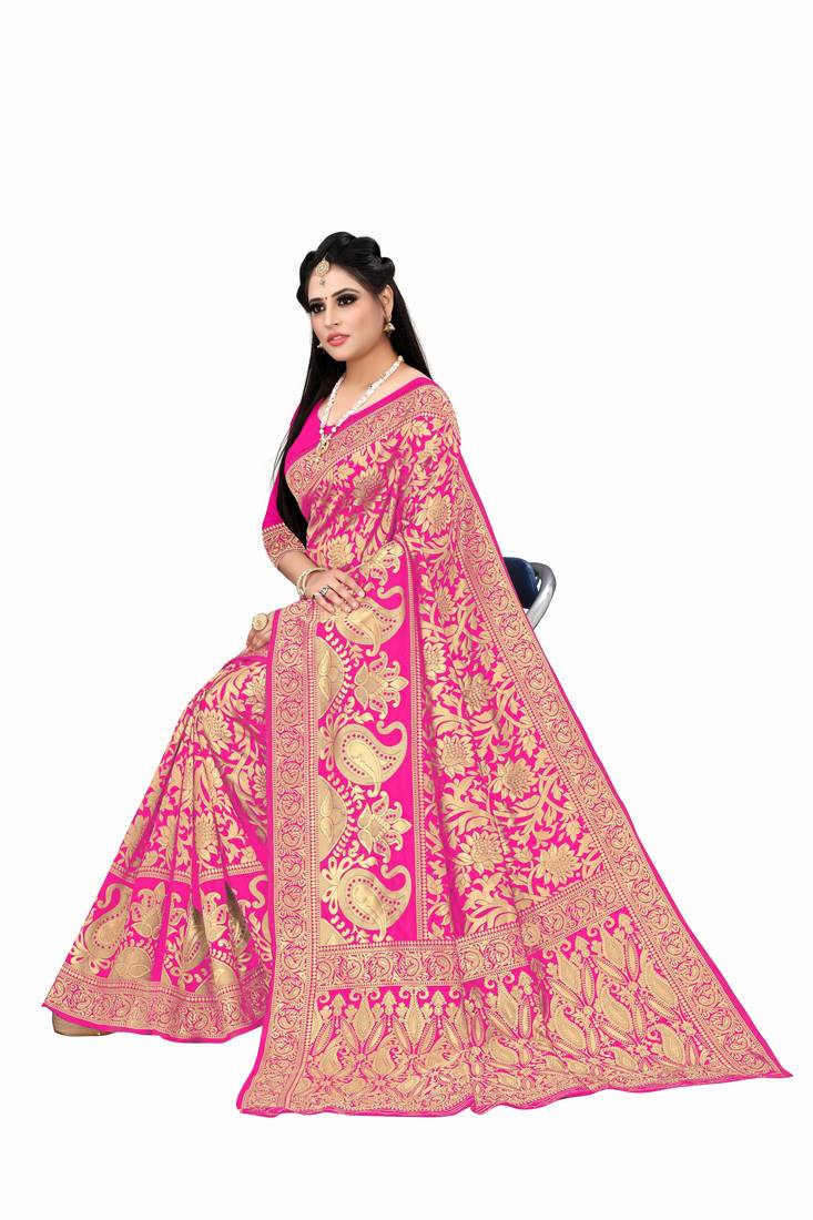 Pink woven art silk saree with blouse
