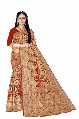 Red woven art silk saree with blouse 1