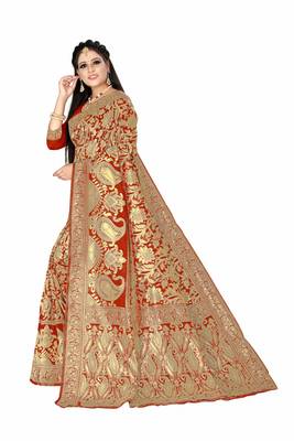 Red woven art silk saree with blouse 2