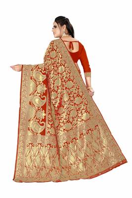 Red woven art silk saree with blouse 3