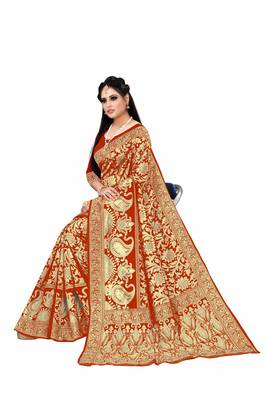 Red woven art silk saree with blouse 4