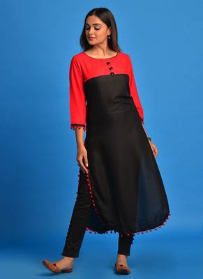 Black and Red Pompom lace Rayon Apple cut kurti 1