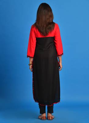 Black and Red Pompom lace Rayon Apple cut kurti 2