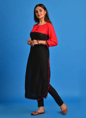 Black and Red Pompom lace Rayon Apple cut kurti 3