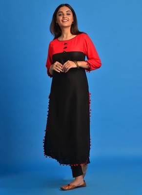 Black and Red Pompom lace Rayon Apple cut kurti 4