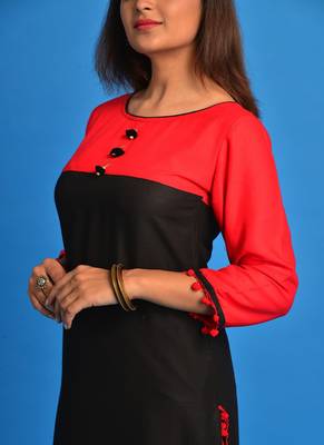 Black and Red Pompom lace Rayon Apple cut kurti 5
