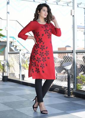Red Khadi Printed Rayon Straight Kurti 1