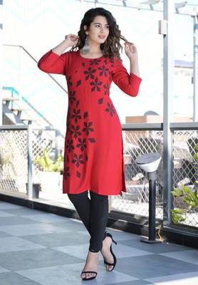 Red Khadi Printed Rayon Straight Kurti 2