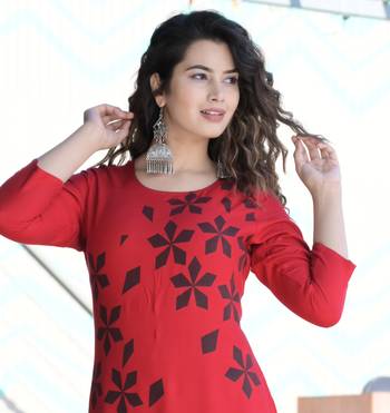 Red Khadi Printed Rayon Straight Kurti 3