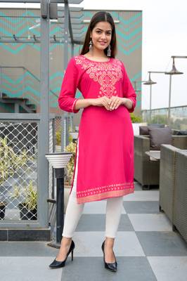 Pink Khadi Printed Rayon Straight Kurti 1