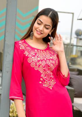 Pink Khadi Printed Rayon Straight Kurti 3