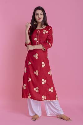 Red Gold Printed Rayon A-line Kurti 1