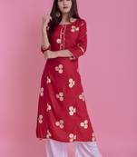 Red Gold Printed Rayon A-line Kurti