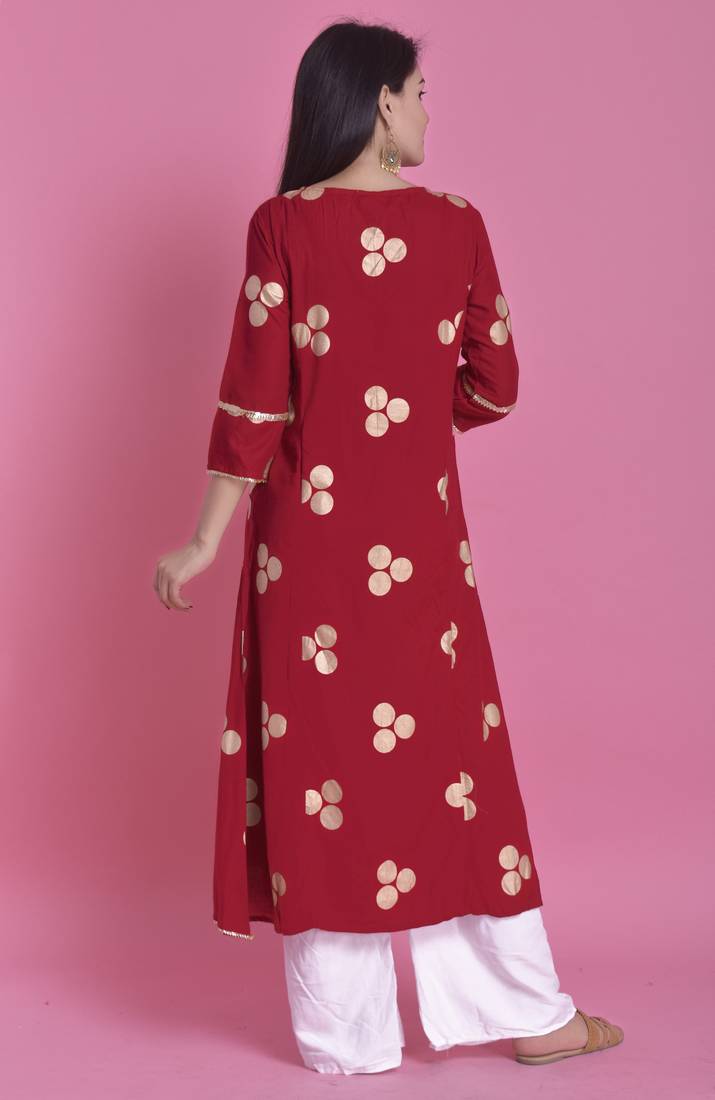 Red Gold Printed Rayon A-line Kurti