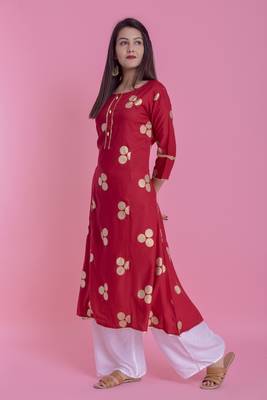 Red Gold Printed Rayon A-line Kurti 3