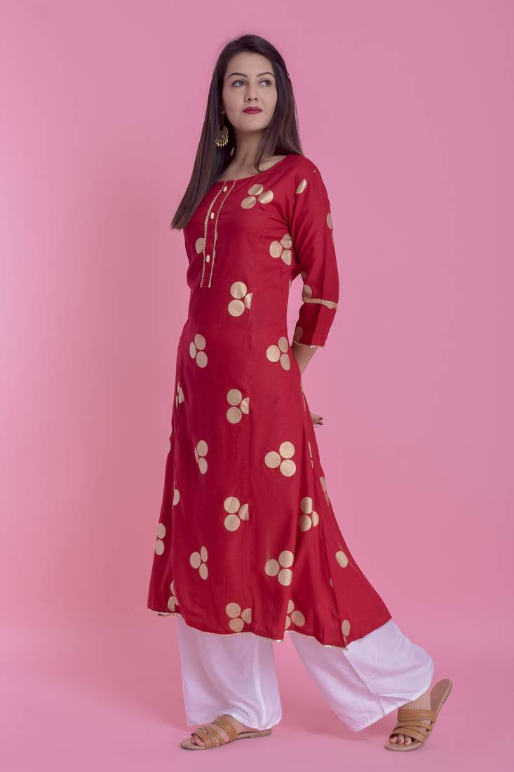Red Gold Printed Rayon A-line Kurti