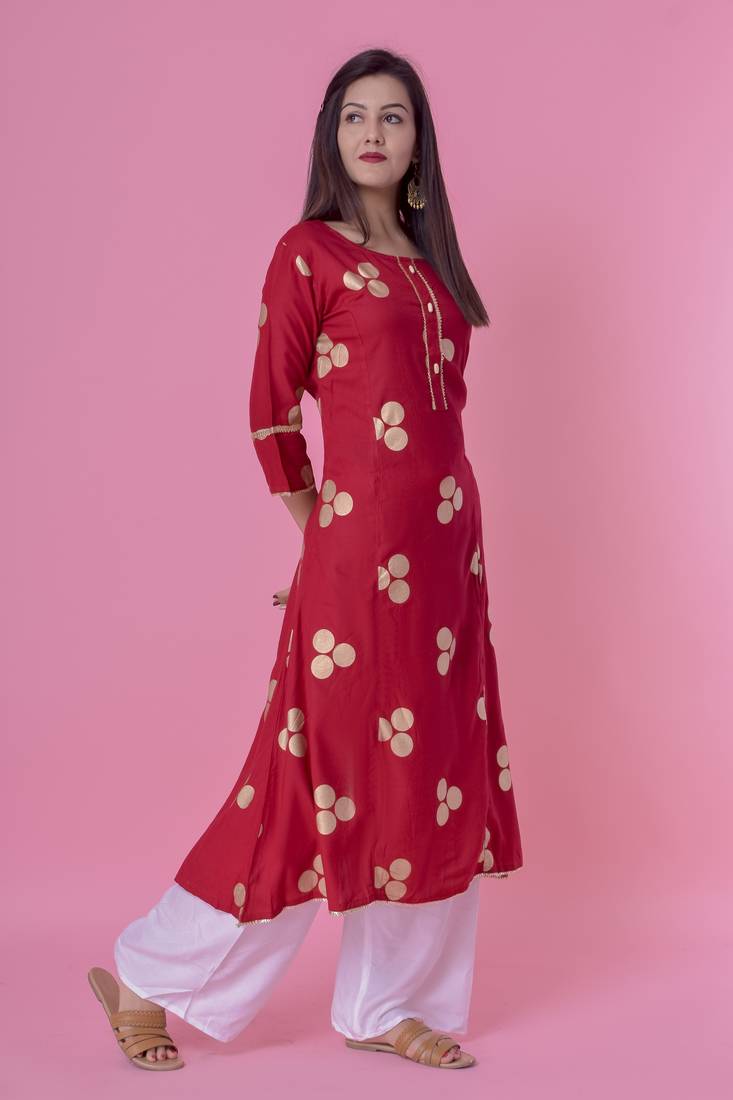Red Gold Printed Rayon A-line Kurti