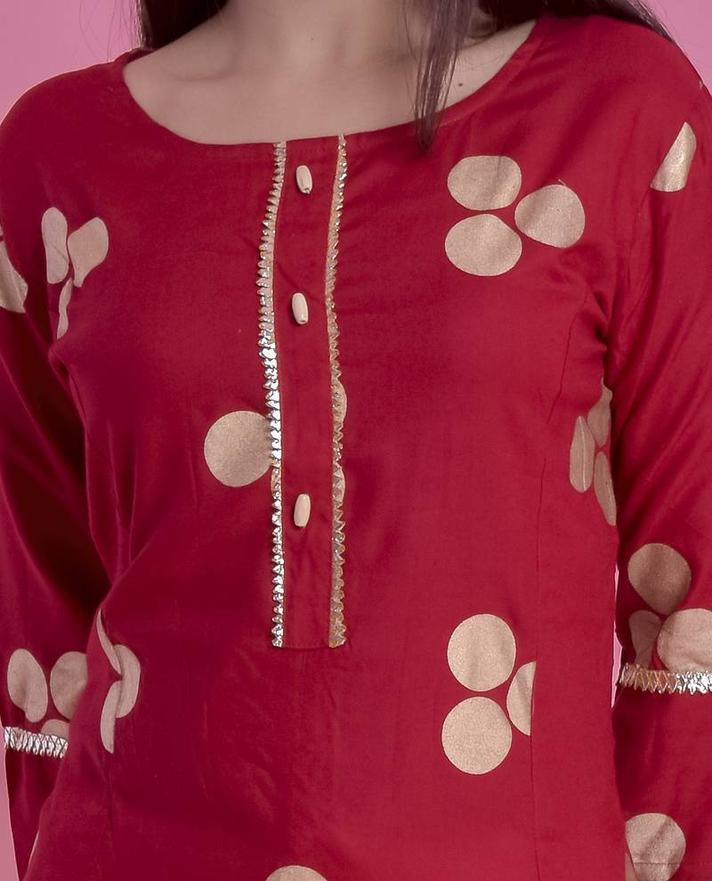 Red Gold Printed Rayon A-line Kurti