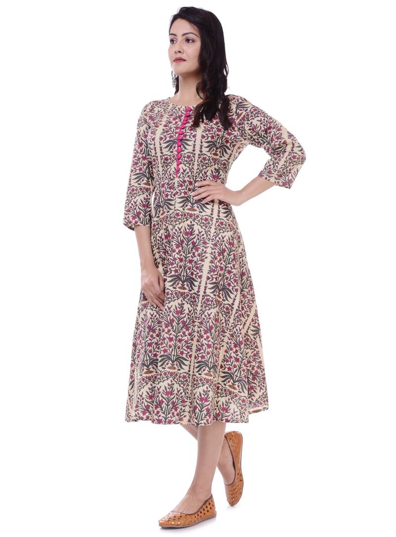 Pink Printed Cotton Anarkali Kurti