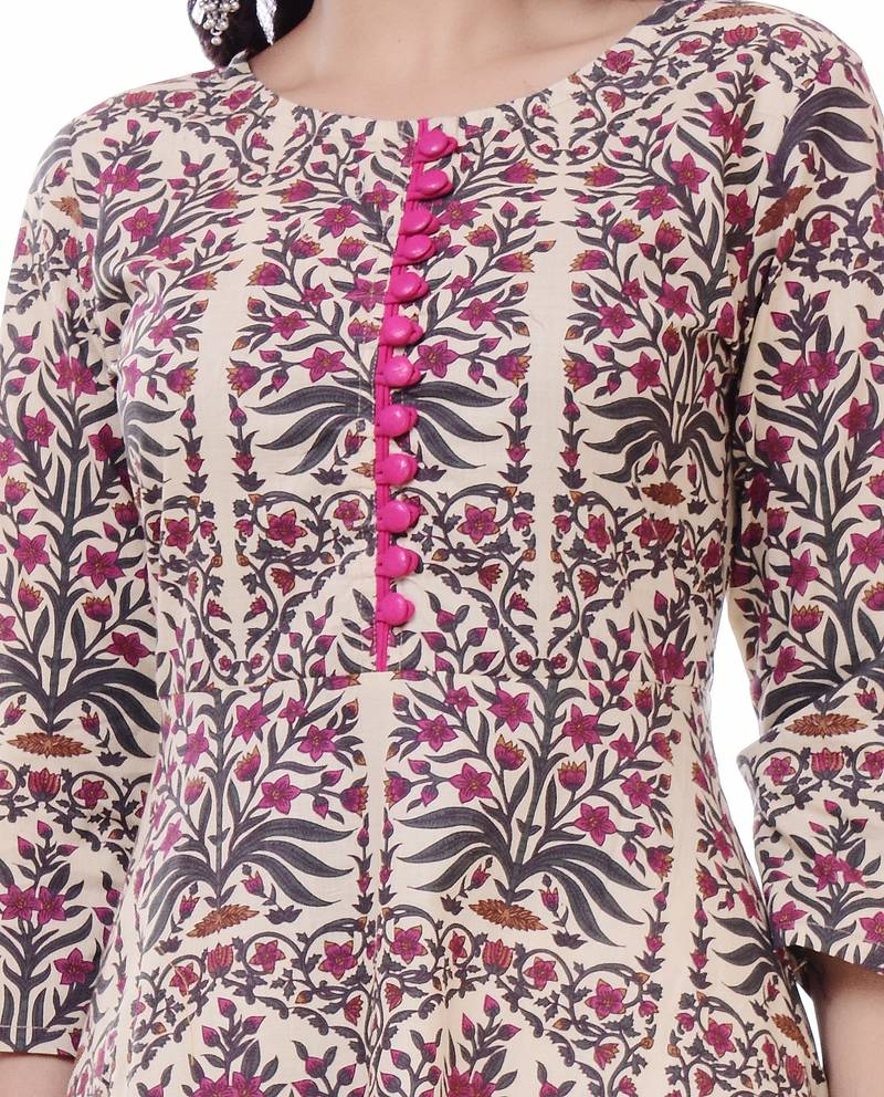 Pink Printed Cotton Anarkali Kurti
