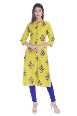 Yellow Printed Cotton Flex Front Slit Kurti 1