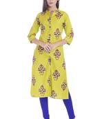 Yellow Printed Cotton Flex Front Slit Kurti