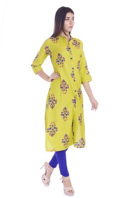 Yellow Printed Cotton Flex Front Slit Kurti 3