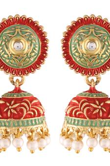 Gold Plated Handmade Enamel Meenakari Matte Finish Traditional Jhumka for Women