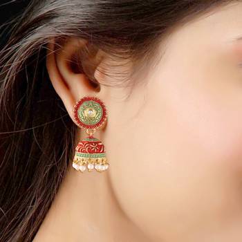 Gold Plated Handmade Enamel Meenakari Matte Finish Traditional Jhumka for Women 2