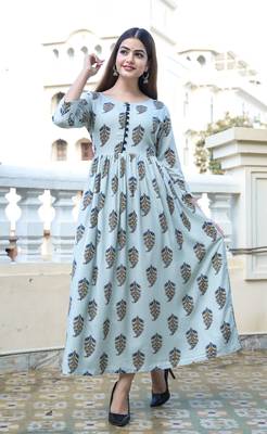 Blue Printed Rayon Flared Kurti 1