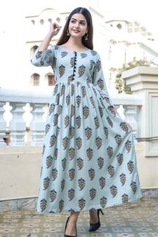 Blue Printed Rayon Flared Kurti