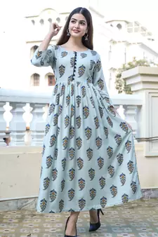 Blue Printed Rayon Flared Kurti