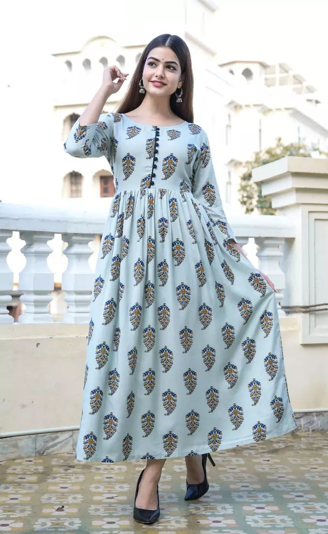 Blue Printed Rayon Flared Kurti