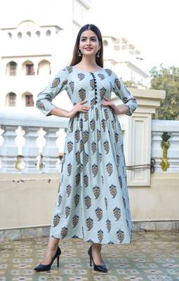 Blue Printed Rayon Flared Kurti 2