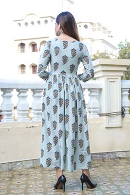 Blue Printed Rayon Flared Kurti 3