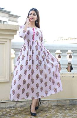 Pink Printed Rayon Flared Kurti 1